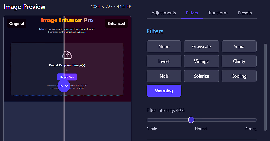 Apply Filters & Presets options